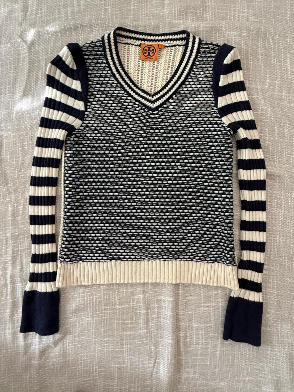 Tory Burch Striped V Neck Sweater